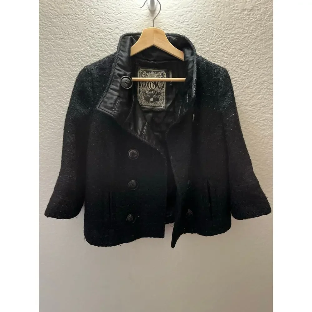 GUESS Black Cropped Tweed Peacoat Double Breasted Wool Blend M Y2K Sparkly - Picture 7 of 8